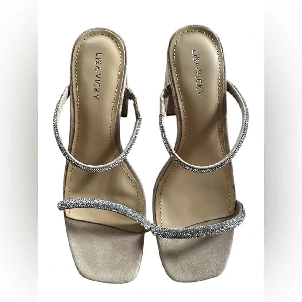 Lisa Vicky Women’s Mood V Silver Hotfix Block Heels Slip On Sandal Size 7 M New